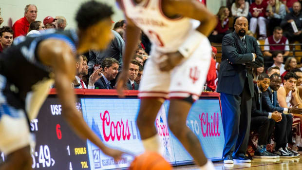 Indiana Head Coach Mike Woodson watches during the Indiana versus St. Francis men's basketball game at Simon Skjodt Assembly Hall on Thursday, Nov. 3, 2022.
